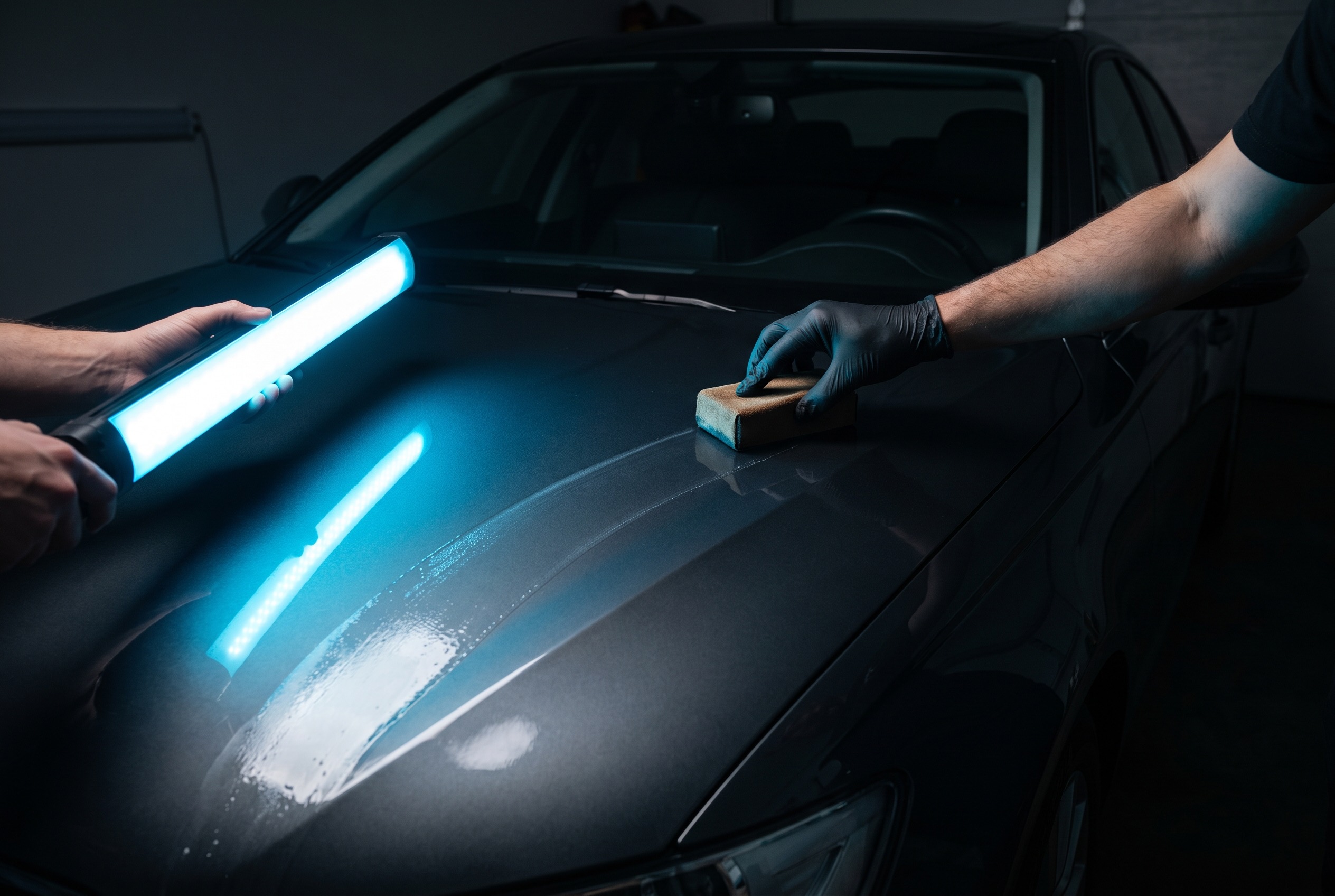 Detailer applying NanoPros ceramic coating to the hood of a dark grey sedan